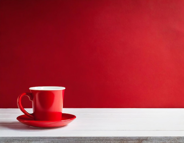 Red cup on white table over bright red background with copy space