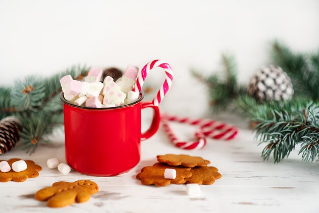 Red cup with hot chocolate and marshmallow.