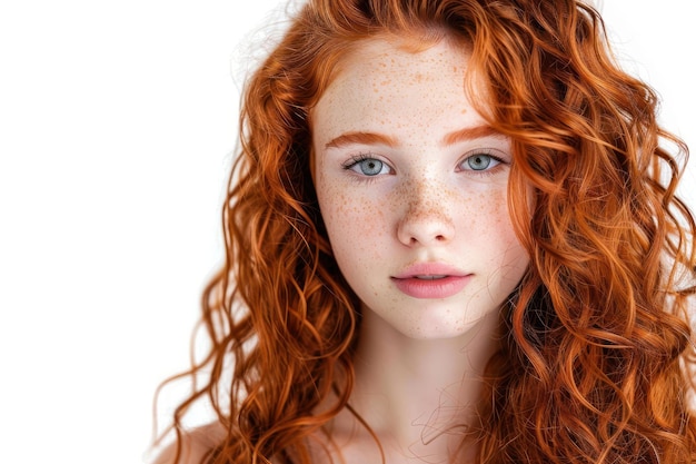 Photo red curly haired girl with beautiful hair isolated on white background