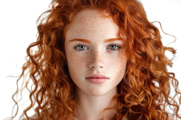 red curly haired girl with beautiful hair isolated on white background