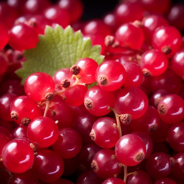 Red currant berries with green leaves as background Closeup