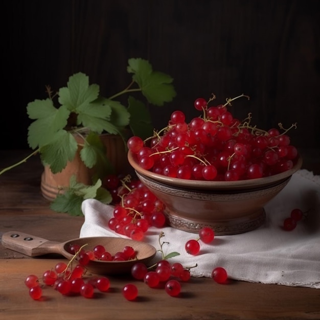 Red currant in a bowl with a wooden spoon on a wooden table.