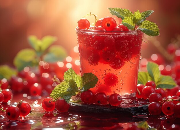 Red currant juice in glass and fresh berries on wooden table