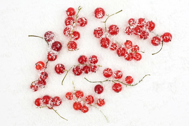 Red currants sprinkled with coconut on white background. healthy fresh vegetables and food