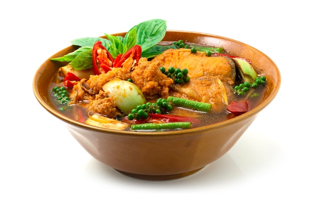 Photo red curry pangasius fish spicy soup