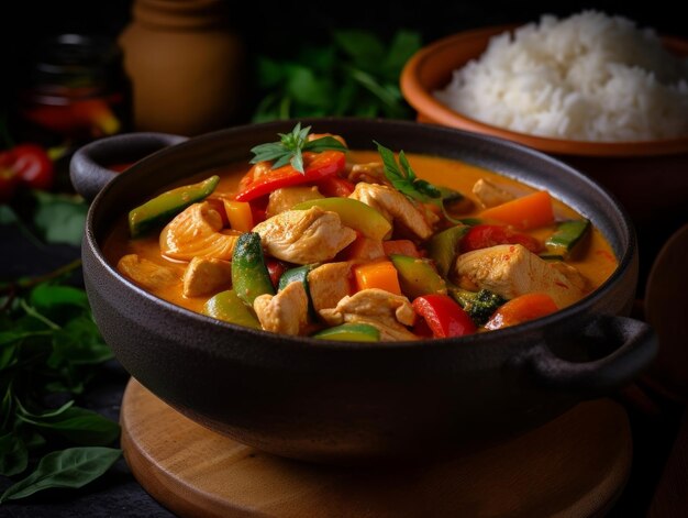 red curry with chunks of chicken and vegetables in a bowl