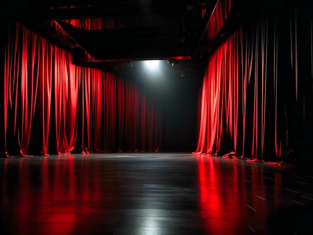 The red curtain reflected on the black floor