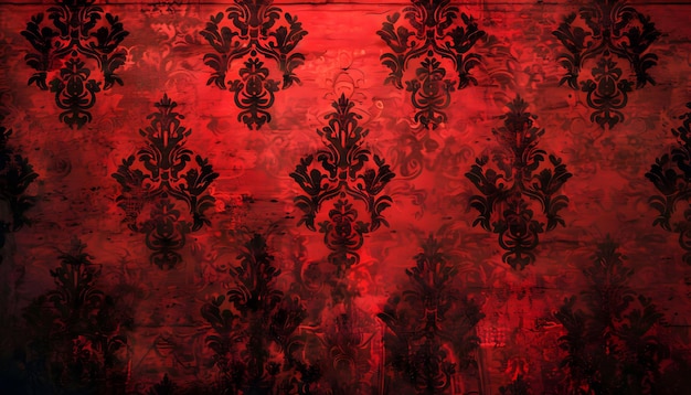 a red curtain with a black floral pattern on it