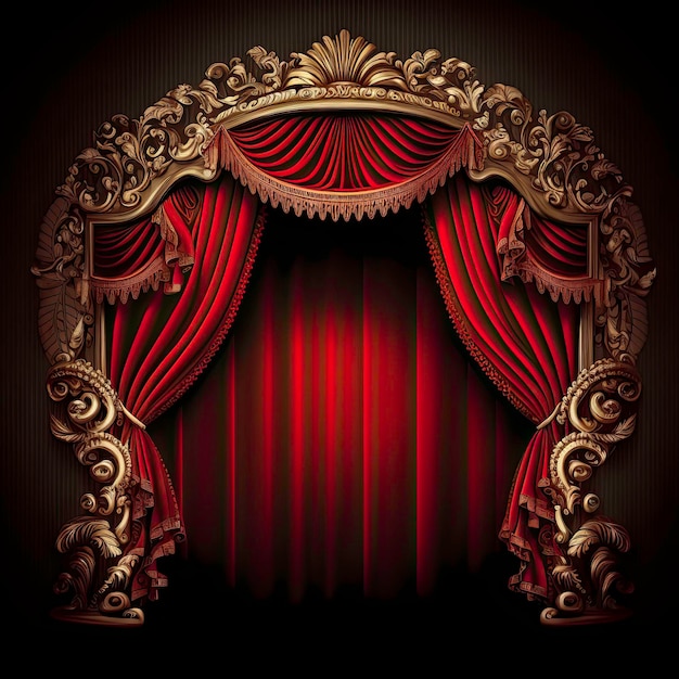 A red curtain with gold leaves and a gold scrollwork on it.