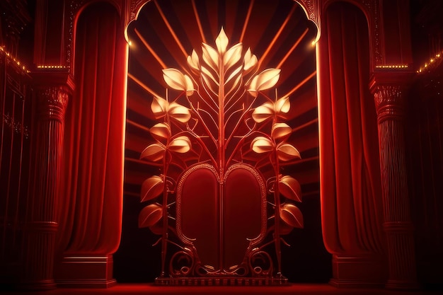 A red curtain with leaves on it and a chair with a heart on it.