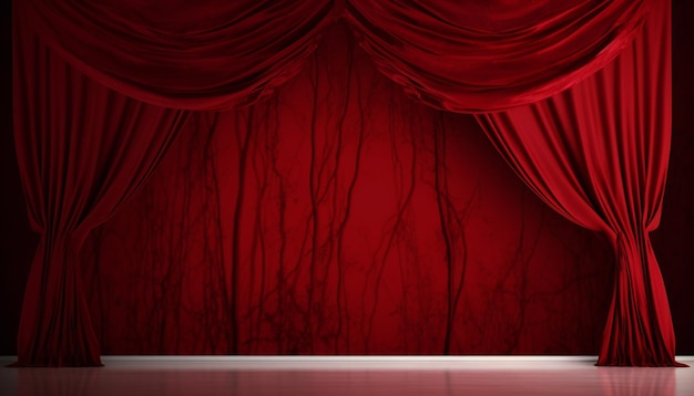 Red curtains of theatre stage show spotlight background for poster