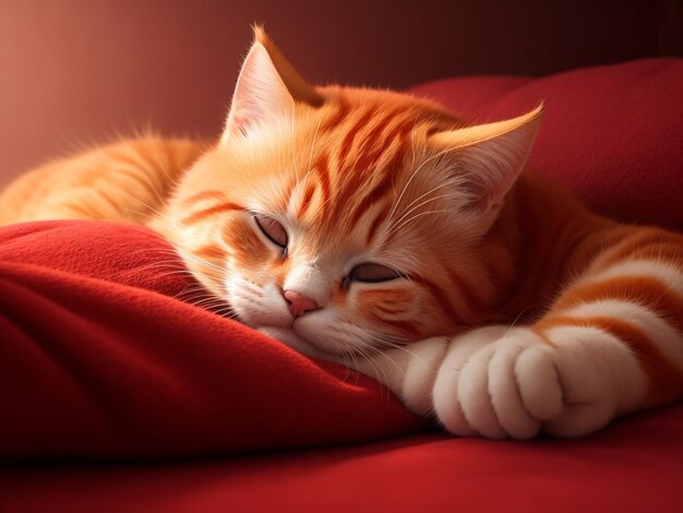 The red cute cat is sleeping