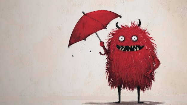 빨간 우산을 들고 빨간 귀여운 괴물 캐릭터 전신
