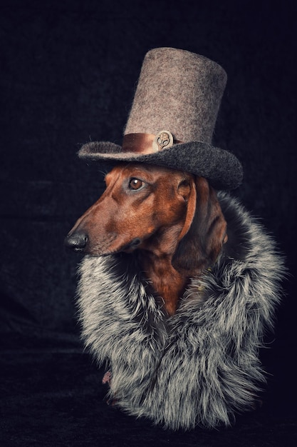 Red dachshund in a fur coat and hat