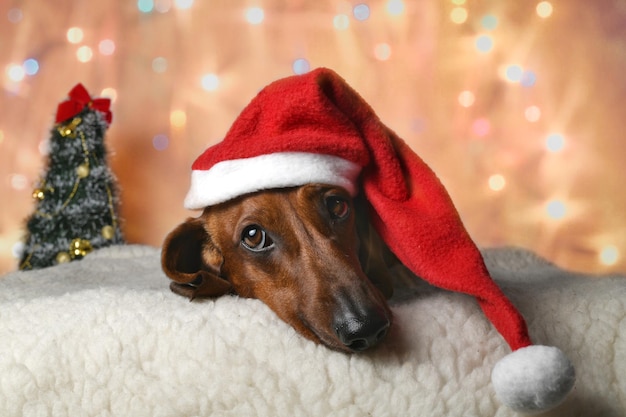 Red dachshund lies on the carpet in Santa's hat