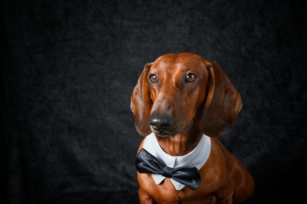 Red dachshund with bow tie