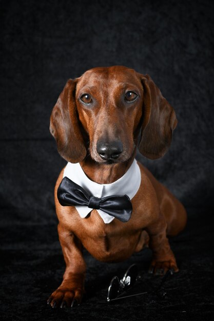 Red dachshund with bow tie