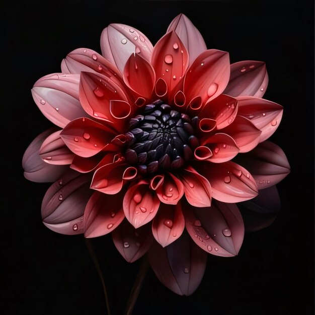 Red dahlia flower with water drops isolated on black background Flowering flowers a symbol of spring new life