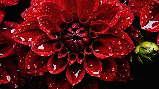 물 방울 배경과 붉은 달리아 꽃 섬세한 꽃의 근접 촬영 생성 AI