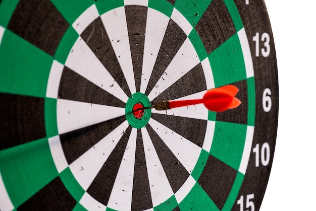 Red dart arrow in bullseye target on dartboard