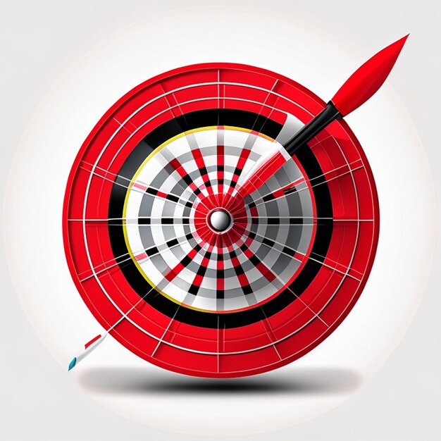 Red dart arrow hitting in the target center of dartboard