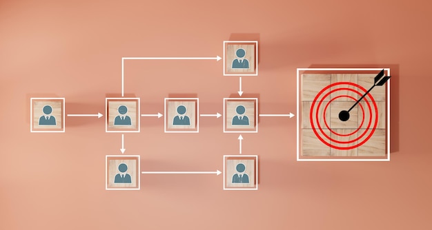 Tirassegno rosso e collegamento di connessione freccia nera con icona umana per il gruppo target di attenzione al cliente e il concetto di gestione delle relazioni con il cliente