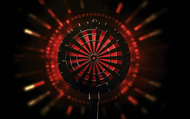 A red dartboard with red and black lights in the background.