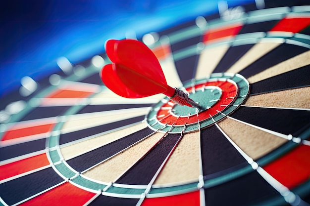 Red darts hit bullseye on a dark blue sky background symbolizing business success