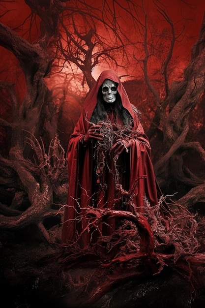 A red death with a black cloak and a red hoodie.