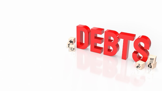 The red debts text on white background 3d rendering