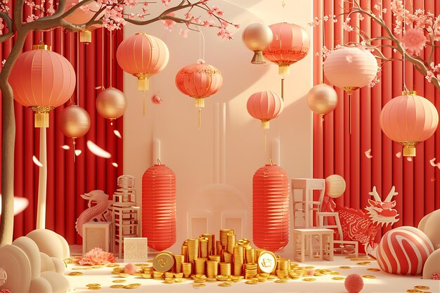 Photo red decorations with gold coins and chinese lanterns