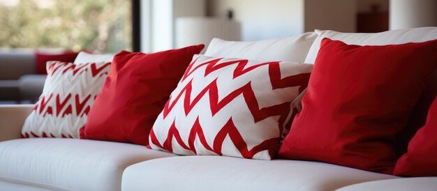 Photo red decorative pillows on modern couch