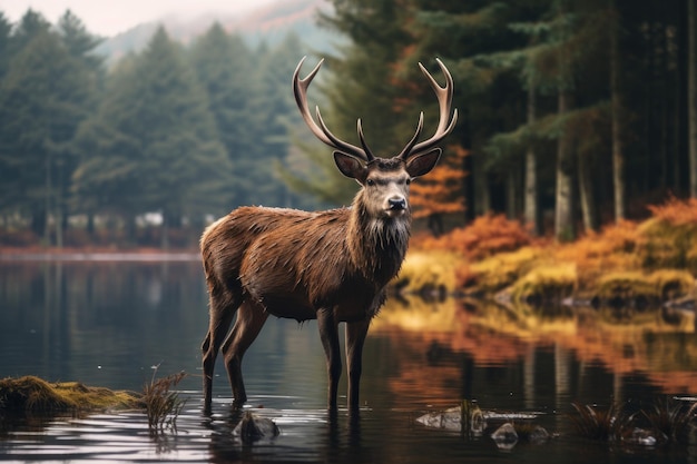 Red deer stag in a lake in autumn Scotland UK deer in the wild HD 8K wallpaper Stock Photographic Image AI Generated