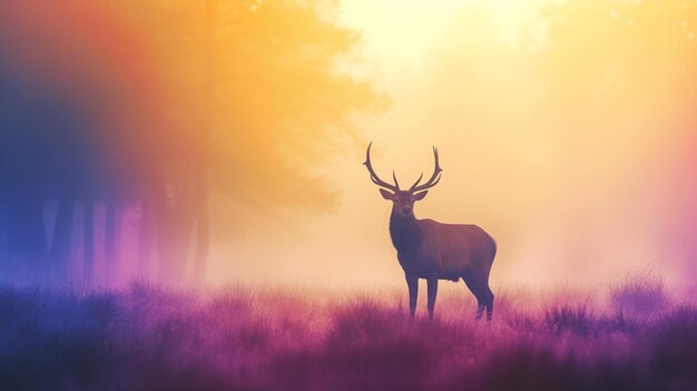 Red deer stag silhouette in the mist with a colorful and bright background AI Generative