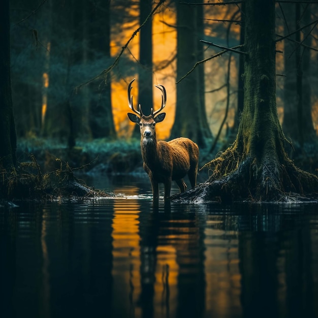 Фото Красный олень одинокий на лесной луге