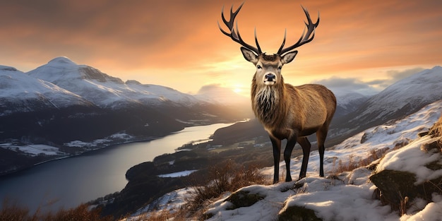 A red deer striking mountain peaks in a winter landscape