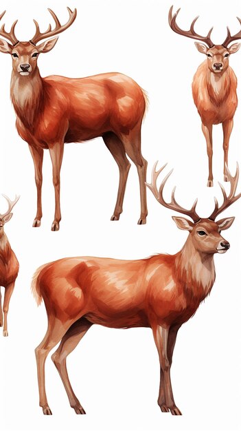 Red Deer Watercolor Ensemble Captivating Illustration Collection