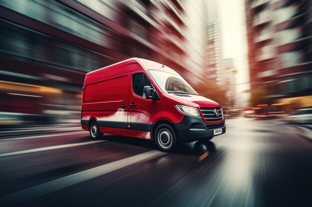 Photo a red delivery van drives through the city against a blurred city street background