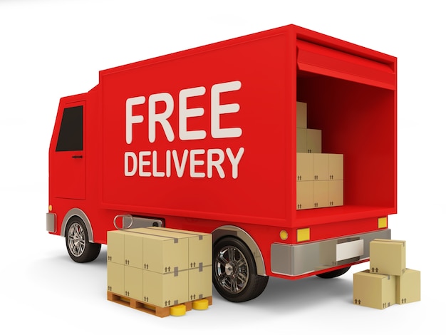 Photo red delivery van with a boxes free delivery concept