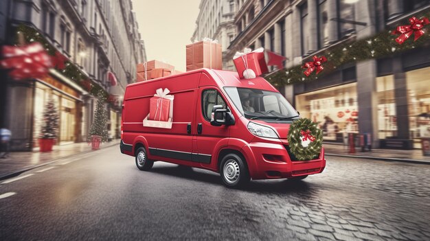 Red delivery van with Christmas gifts on the street 3d rendering