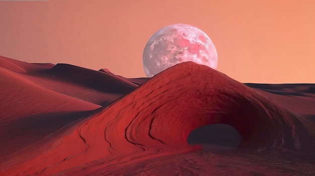 A red desert with a moon in the sky