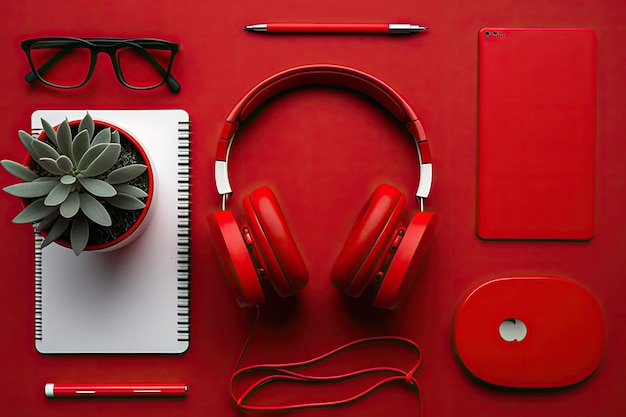 Photo on a red desk is a headset a plant some eyeglasses and a pen copy space on top view flat lay