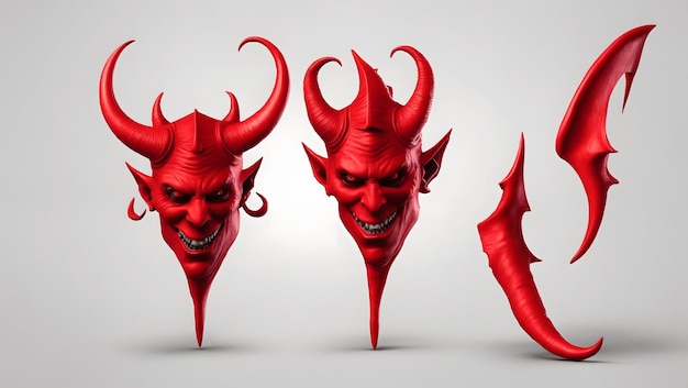 Photo red devil horn and tail vector illustration 3d realistic cute elements for face mask and head