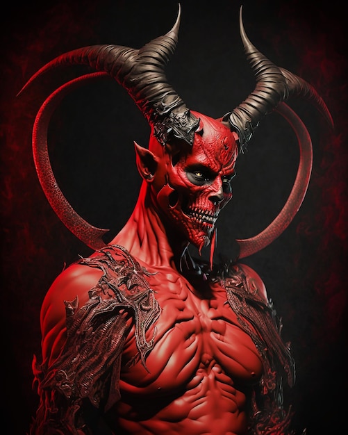 A red devil with horns and horns is in a dark room