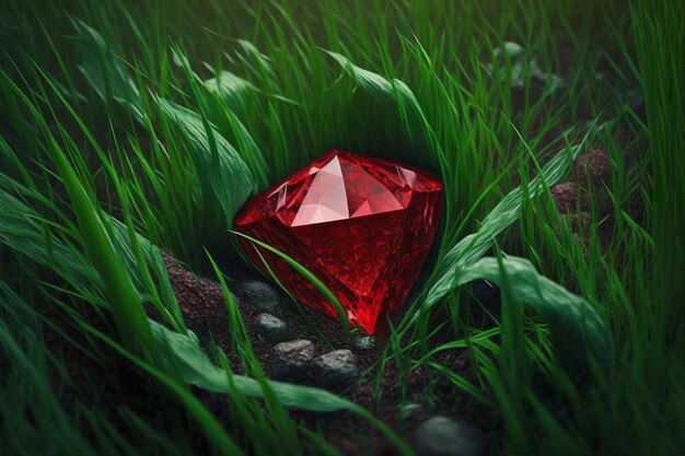 A red diamond sits in the grass in front of a green background