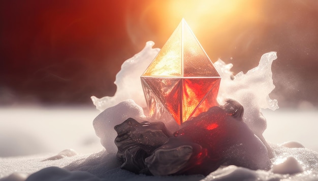 A red diamond sits in the snow with a red background.