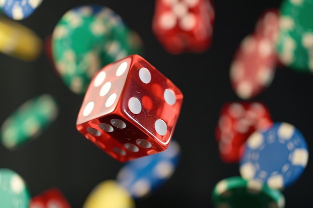 A Red dice and colorful poker chips captured in midair