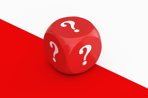 Red Dice Cube With Question Marks on a white and red background. 3d Rendering