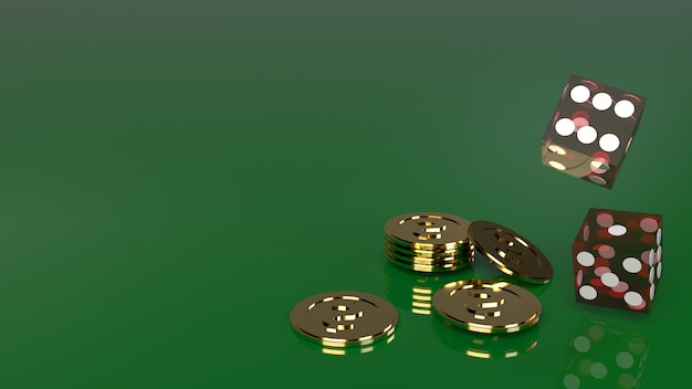 Photo red dices on green 3d rendering close up image.