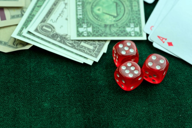 Red Dices Money Chips and Gambling Cards Photo